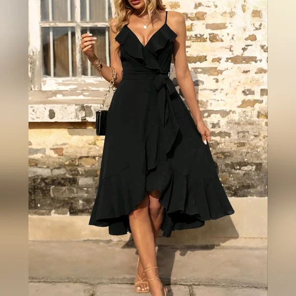 New Boho Ruffle Cami Wrap Slip Dress High Low Black - Picture 5 of 8